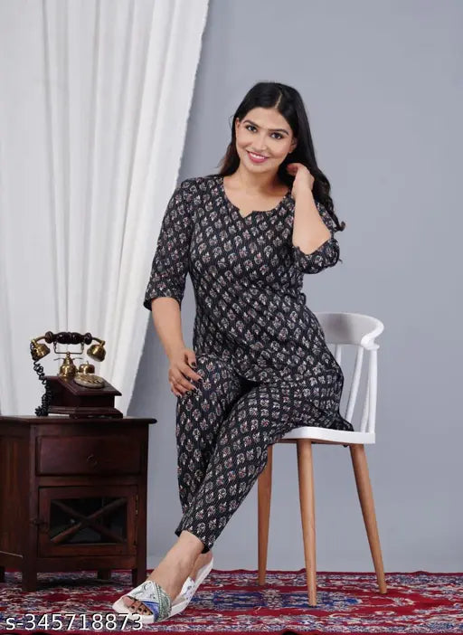 Yashvi cotton nightsuit for women, printed rayon top and cotton katha bottom, short sleeves, available in S, M, L, XL, XXL sizes
