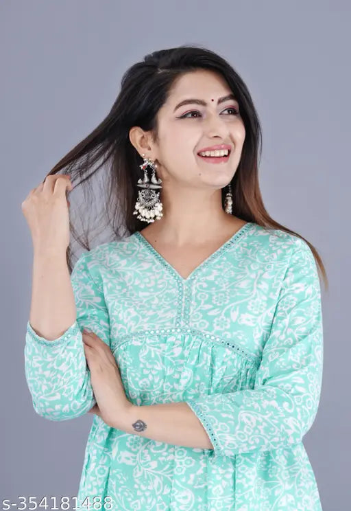 Viscose rayon Alia cut gown, printed combo with three-quarter sleeves, Indian fashion wear for women in sizes M, L, XL, XXL