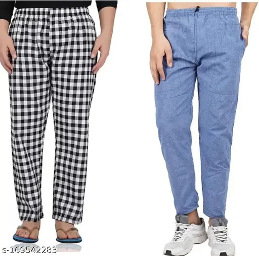 Blue & Black cotton maxi pyjama combo pack with checkered pattern, two side pockets, elastic waistband and naada. Perfect for summer comfort in India. Available in sizes M, L, XL, XXL, free size