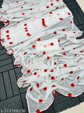 Red heart white saree, georgette with embroidered gamthi work, India
