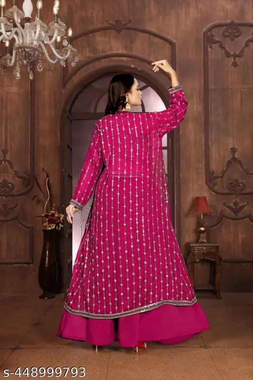 Havy Fox Gorgette Kurta Set with stitched embroidery blouse. Three-quarter sleeve Indian ethnic wear set, made in India