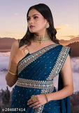 Teal Vichitra Silk saree with embellished blouse, Indian designer partywear bridal wear