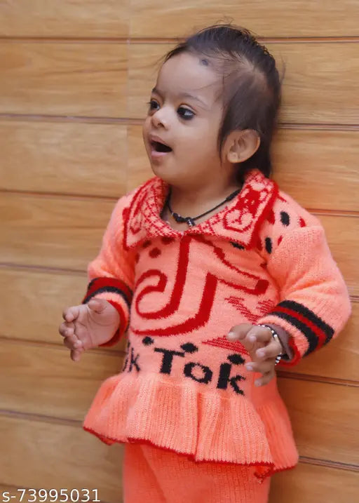 Peach and red woolen sweater and pajama set, long sleeves for 1-2 year old baby girls. Keeps them warm during winter. Indian brand