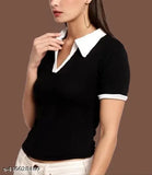 Contrast white collar cotton blend t-shirt, stylish polo neck for women, skin-friendly lycra fabric, available in S-28, M-30, L-32, suitable for casual wear and college parties