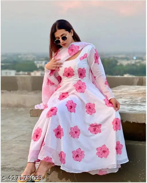Georgette floral printed wedding gown with dupatta, long sleeves, available in sizes S-XXXL. Indian ethnic fashion for parties and special events