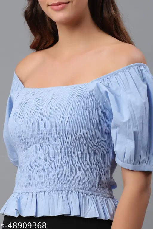 Blue cotton square neck puff sleeve women's top with short sleeves, ideal for day and night outings or special occasions. Soft, lightweight, and breathable material in a solid color from India