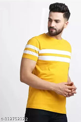 Striped cotton blend men's casual half sleeve t-shirt, short sleeves, size S (38 in), made in India