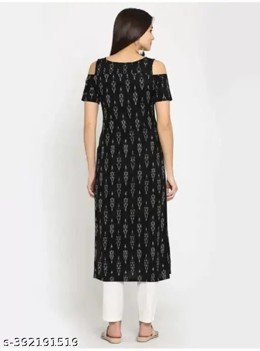 Black rayon kurti palya31, three-quarter sleeves, printed combo. On model with medium bust size 38 inches and extra large bust size 44 inches. Made in India