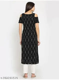 Black rayon kurti palya31, three-quarter sleeves, printed combo. On model with medium bust size 38 inches and extra large bust size 44 inches. Made in India