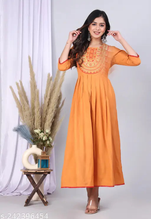 New Rayon Round Embroidery Kurti with three-quarter sleeves, pleated empire line, perfect for maternity. Indian handcrafted embroidery feeding kurti