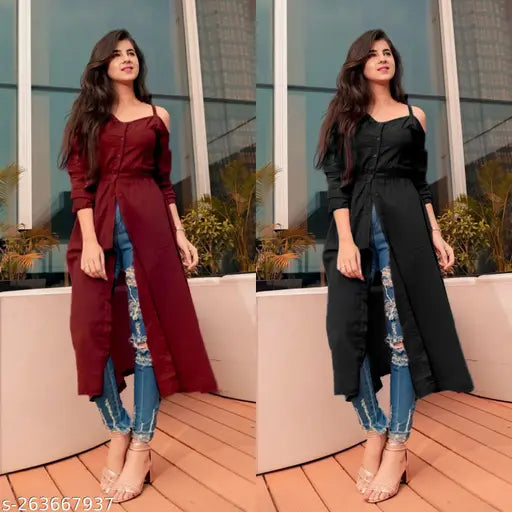 Stylish women's solid rayon flared Kurta combo pack: 2 pieces of cold shoulder sleeves, round neck, ethnic collection in S, M, L, XL, XXL sizes, made from high-quality fabrics, Indian origin