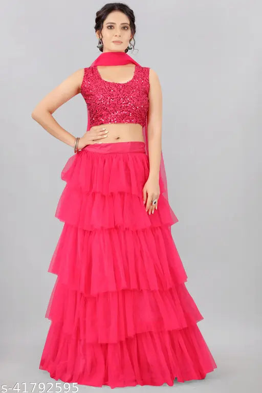 Embellished pink nylon net Aagyeyi Drishya women's lehenga set, semi-stitched (waist 42in, length 43in), featuring lace dupatta