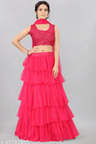 Embellished pink nylon net Aagyeyi Drishya women's lehenga set, semi-stitched (waist 42in, length 43in), featuring lace dupatta
