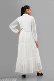White Georgette puff-sleeve, round neck kurti with center slit and frills. Luxury festive wear for weddings and special occasions