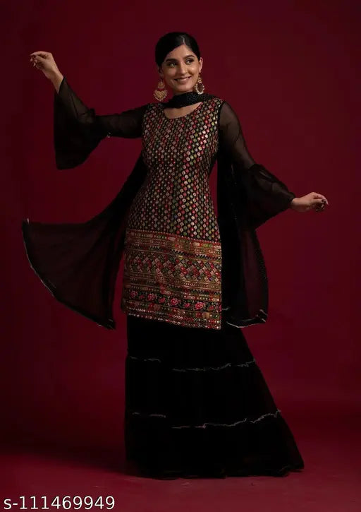 Black sequins Georgette designer salwar suit dupatta set, heavy sequin embroidery and multi-color threadwork - XS (Bust Size: 34 in), India origin