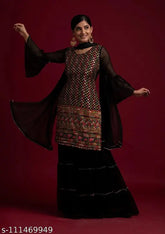 Black sequins Georgette designer salwar suit dupatta set, heavy sequin embroidery and multi-color threadwork - XS (Bust Size: 34 in), India origin