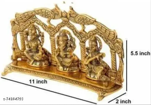 Handcrafted brass Laxmi Saraswati with 5 Diya statue idol, gold plated decorative showpiece - 10 cm (Indian artistry)