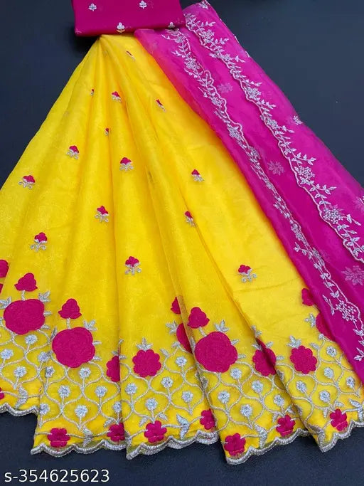 Embroidered semi-stitched dupion silk and net Lehenga Choli with cut work border, free size (44m waist, 43m length), trendy fashionable embroidery work Lehenga Choli for women, India origin