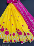 Embroidered semi-stitched dupion silk and net Lehenga Choli with cut work border, free size (44m waist, 43m length), trendy fashionable embroidery work Lehenga Choli for women, India origin