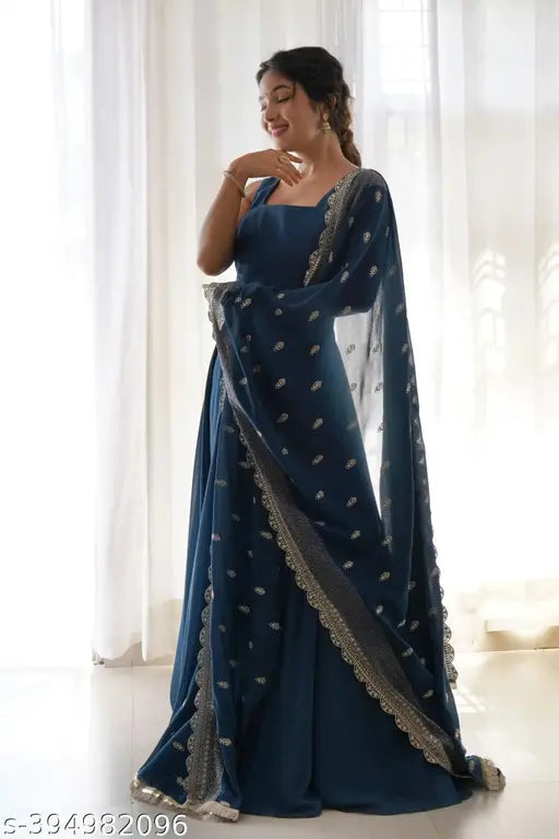 Sleeveless embroidered georgette gown dupatta set, Indian hand-embroidery on net fabric