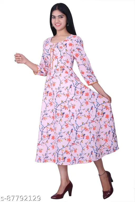 Multicolor cotton floral print anarkali kurti with three-quarter sleeves, Indian ethnic wear for women