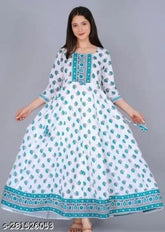 White viscose rayon anarkali with printed combo, three-quarter sleeves on mannequin
