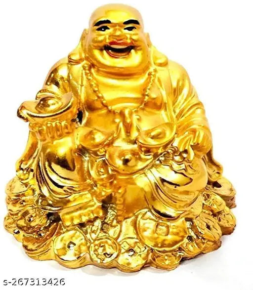 Golden Laughing Buddha figurine on Luck Money coins, polyresin Feng Shui sculpture symbolizing wealth & prosperity
