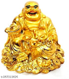 Golden Laughing Buddha figurine on Luck Money coins, polyresin Feng Shui sculpture symbolizing wealth & prosperity