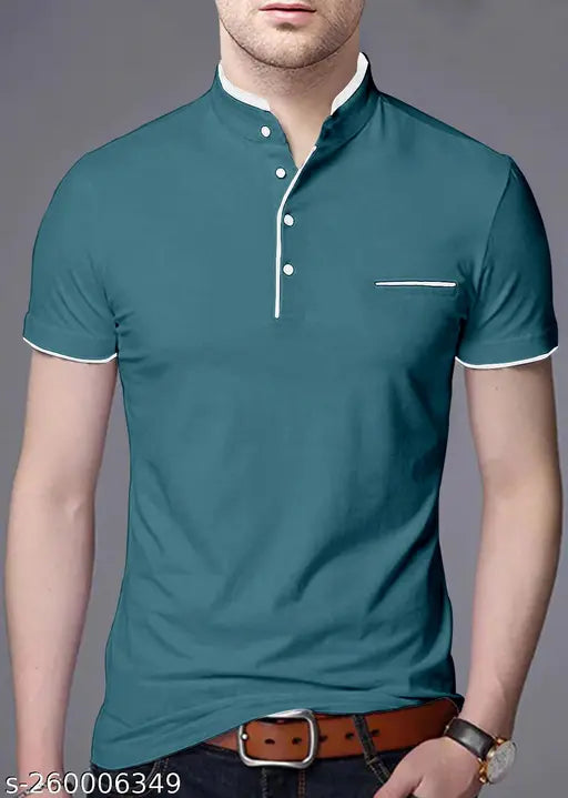 Teal cotton blend men's solid Henley t-shirt, perfect for a stylish and polished look