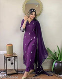 Rayon and silk dupatta set for women's kurta, solid-patterned three-quarter sleeve Indian clothing on display