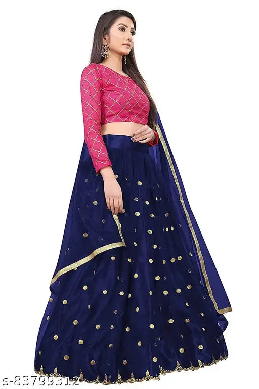 Royal Blue Designer Net Sequence Lehenga Choli with Blouse & Dupatta, checkered taffeta silk topwear and embroidered net dupatta on free-size Indian women's traditional wear