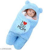 Sky blue 'I Love Mom' embroidered baby sleeping bag with hood, size L 27 x B 13 inches, made of polyester