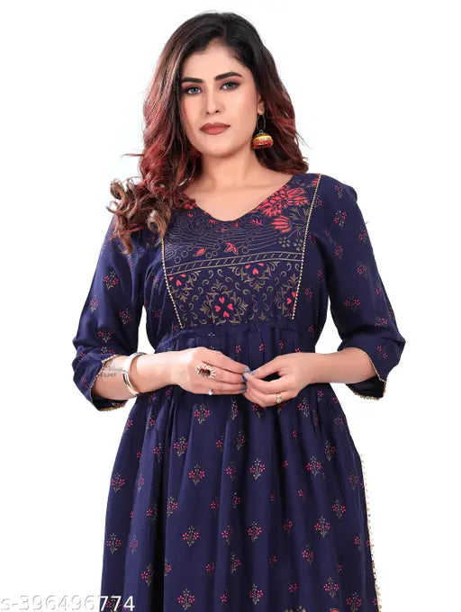 Rayon Nyra Cut Kurti Pant with Side Pocket, printed net design, three-quarter sleeves, V-neck, India origin