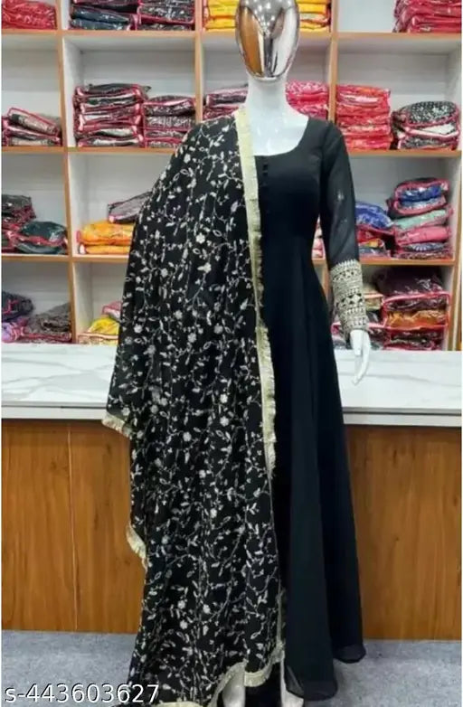 Georgette long-sleeve solid net women's gown, Indian-origin eveningwear for formal events (S - XL sizes available)