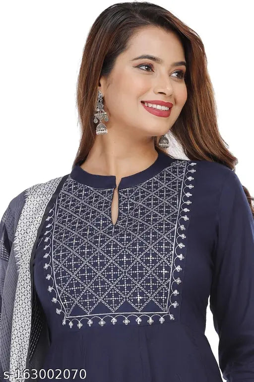 Rayon A-Line kurti with dupatta, solid combo, three-quarter sleeves. High-quality Indian embroidered neck yoke and printed border kurti with standard size dupatta. M (Bust Size: 38 in) available