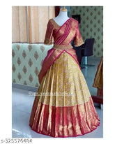 Yellow striped semi-stitched Lehenga Choli with floral stitch, Jacquard dupatta, suitable for Navratri, marriage, ceremonies, and formal functions. Soft silk lehenga top, short sleeves, 44in waist, 50in length, 2.2mtr dupatta length, 76cm width, semi-stitched design, unstitched blouse. Pair with heels or flats for a stunning look. Accessories shown for styling purposes only. Slight color variation may occur due to photographic reasons. Made in India