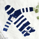 Pure wool baby sweater set with cap & socks, self-design net pattern, 100% wool, handmade for 0-6 months, India