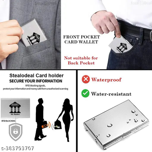 Silver water-resistant stainless steel card holder, set of 1 (India). Wide slot for credit cards or bills