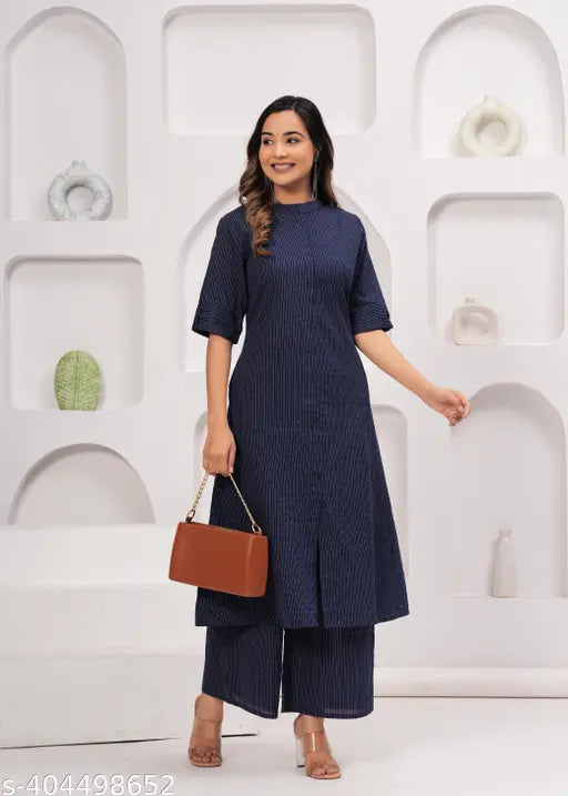 Cotton Katha A-line kurta plazzo set for women and girls with pockets, solid striped pattern, cotton fabric