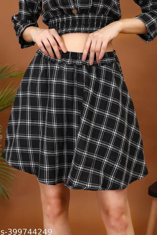 Checked crepe flared western short skirt for women daily wear, stylish and fashionable, available in sizes S-XL