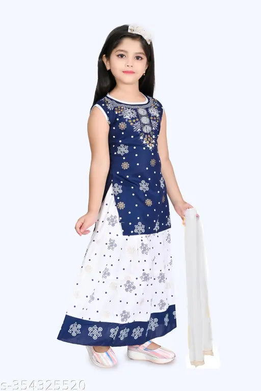 Navy Blue and White Printed Chanderi Cotton Kurta, Skirt Set with Dupatta for Girls - Indian fashion for ages 1-10 years, printed top & skirt, sleeveless style
