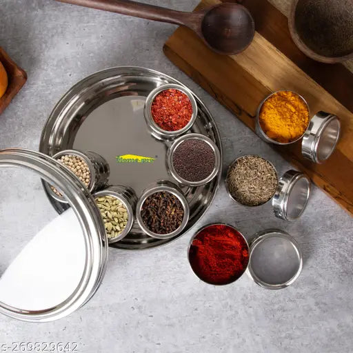 Stainless steel, see-through belly masala dabba with 8 airtight containers (22.5cm diameter) - Indian kitchen spice organizer