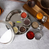 Stainless steel, see-through belly masala dabba with 8 airtight containers (22.5cm diameter) - Indian kitchen spice organizer
