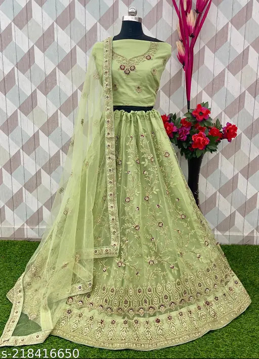 Embroidered net lehenga choli set with dupatta, Indian bridal wear for parties, customizable up to 43 waist, 2.5m flare