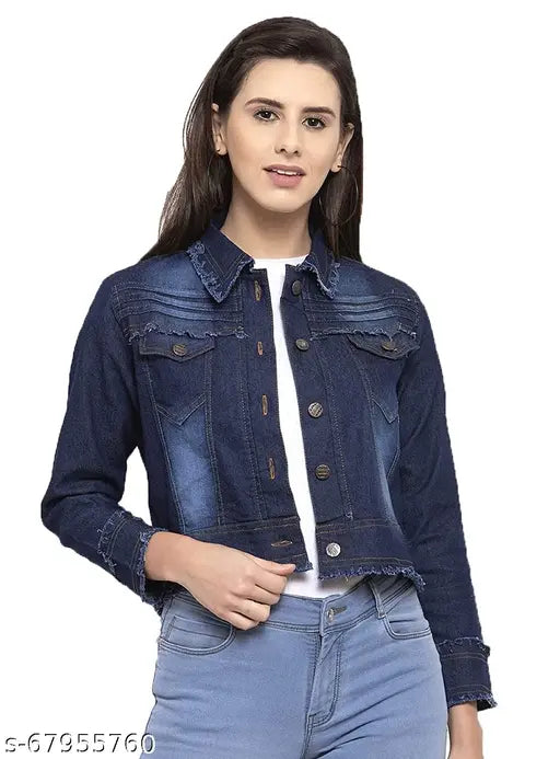 Dark blue denim ruffled women's jacket, classic design with chest pockets, full sleeves