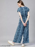 Blue rayon printed net short-sleeved jumpsuit, ideal for versatile occasions. Ethnic style, available in various sizes from S to XXL. Originated in India