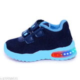 Navy blue kids shoes with pink sparkle, unisex casual knitted LED light design, breathable cotton blend material, adjustable velcro closure, perfect for night outings, safe and stylish party wear-cum-daily use, ideal for 0-5 year old boys and girls, made in India