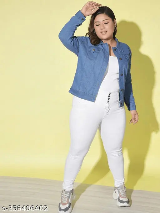 Denim jacket for women, solid color, long sleeves, sizes XS-6XL, winter wear
