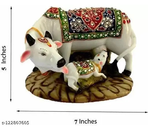 Decorative multicolor polyresin marble Nandi Pooja figurine, designer stone-studded cow and calf statue for home or gift, premium quality made in India (10cmL x 12cmH x 13cmW)