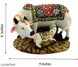 Decorative multicolor polyresin marble Nandi Pooja figurine, designer stone-studded cow and calf statue for home or gift, premium quality made in India (10cmL x 12cmH x 13cmW)